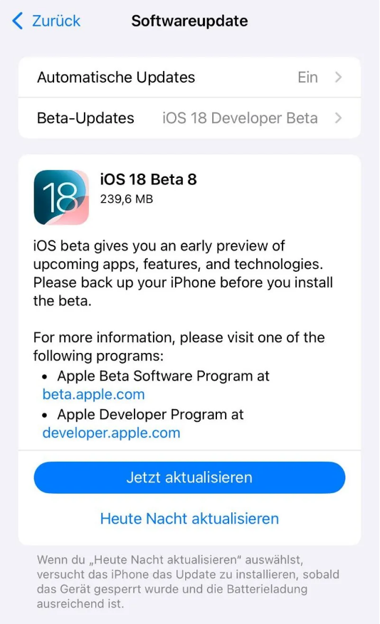 达日苹果手机维修分享苹果 iOS / iPadOS 18 开发者预览版 Beta 8 发布 